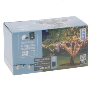 Balenie solárnej svetelnej reťaze s 240 LED diódami pre vnútorné aj vonkajšie použitie, teplé biele svetlo, časovač a diaľkové ovládanie.
