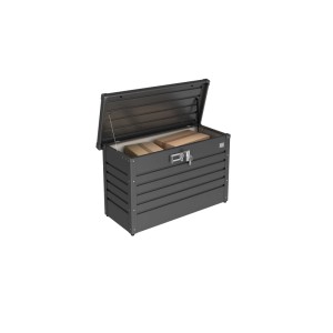 Tmavosivý Biohort Paket-Box 100, otvorený s balíkmi. Bezpečný univerzálny box na doručovanie zásielok.