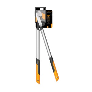 Fiskars Amboss prevodové nožnice na konáre LX99-L, záhradné nožnice s dlhou rukoväťou a oranžovými prvkami.