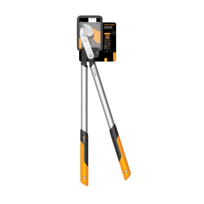 Fiskars Amboss prevodové nožnice na konáre LX99-L, záhradné nožnice s dlhou rukoväťou a oranžovými prvkami.