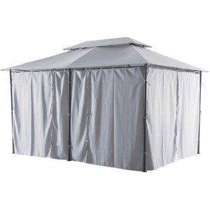 Sivý záhradný pavilón t.b.t. so závesmi na záhradné párty a oslavy.
