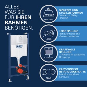 Inštalačný rám WC Grohe Solido Compact s nádržkou. Stabilný, tiché splachovanie, nosnosť 400kg, Easy-Connect.