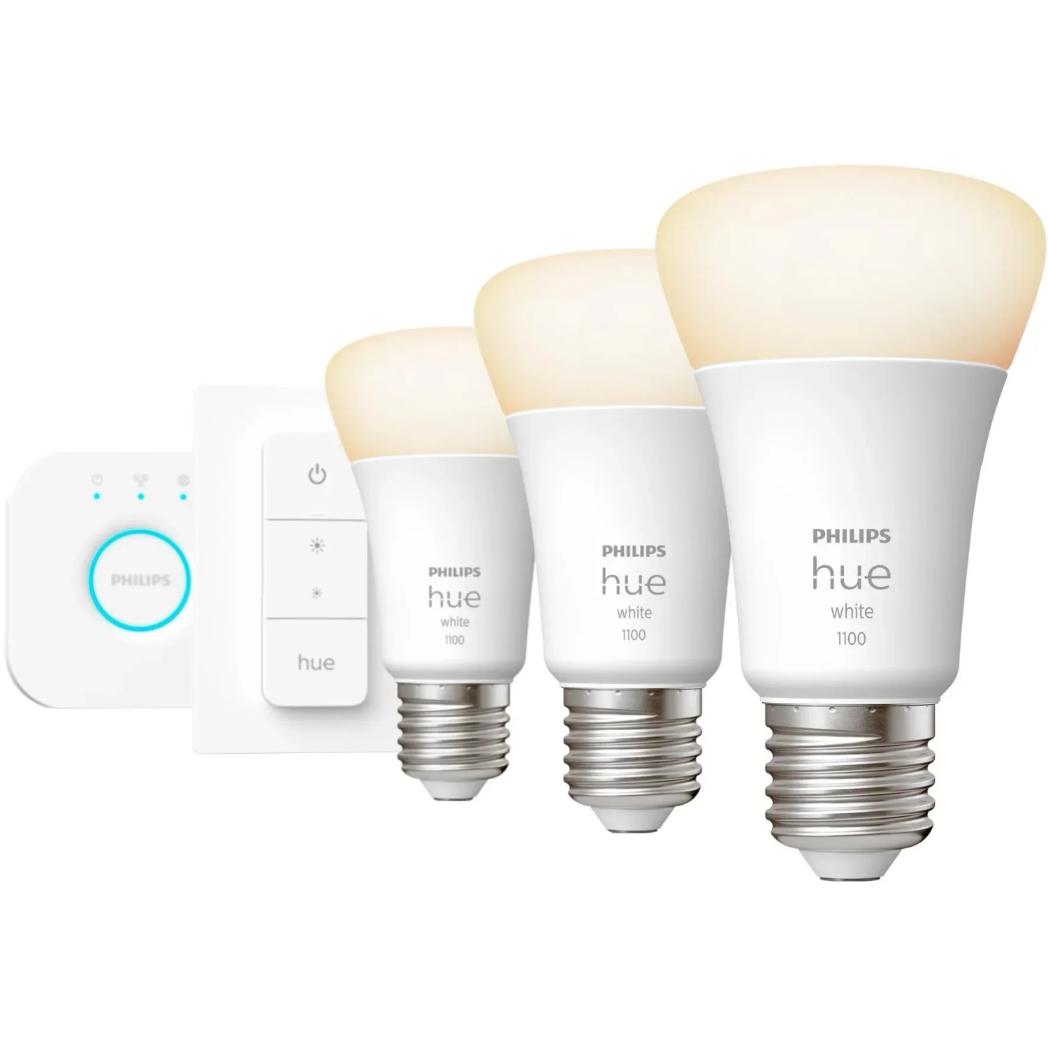 E-shop Philips Hue Štartovacia súprava: 3 x žiarovka E27 W, Hue Bridge + Dimmer Switch