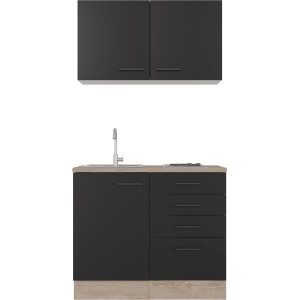 Flex-Well Mini kuchynka Capri, 100 cm, čierna/dub: Jednolôžková kuchynka s drezom, varnou doskou a nástennou skrinkou.