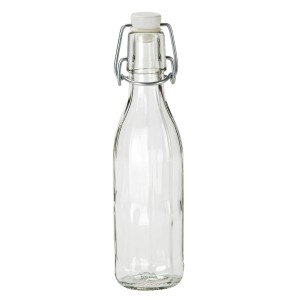 Prázdna sklenená fľaša s drôteným uzáverom, 1 liter, na skladovanie potravín.