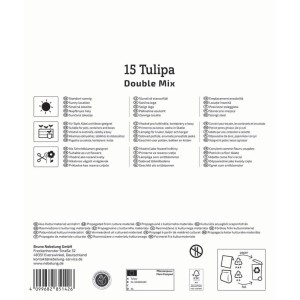 Zadná strana obalu Kiepenkerl Mega-Pack Cibuľovín Plnokvetých Tulipánov Zmes s pokynmi na pestovanie.