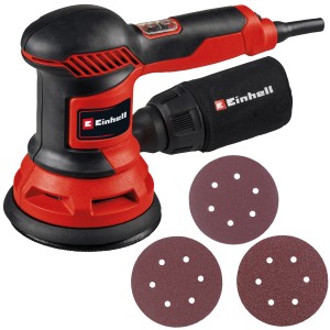Einhell TC-RS 425 E excentrická brúska s prachovým vreckom a brúsnym papierom.