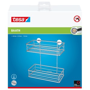 Tesa Baath Plus dvojposchodový sprchový kôš, chrómovaná nehrdzavejúca oceľ, na montáž na stenu bez vŕtania.