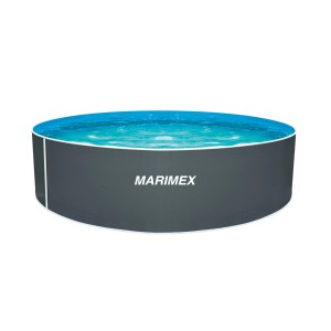 Kruhový bazén s oceľovou stenou Marimex, sivá vonkajšia stena, modrá voda.