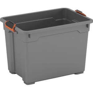 Tmavosivý univerzálny box OBI Cadiz Pro S z plastu s oranžovými klipmi.
