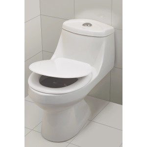 Biele WC sedadlo Xingu Duroplast s nerezovými pántmi na toalete.