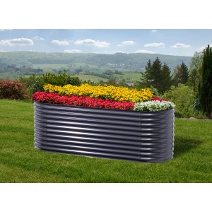 Floraworld vyvýšený záhon, vlnitý dizajn, 240 cm, antracit, osadený červenými, žltými a bielymi kvetmi v záhrade.