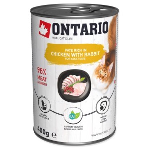 Ontario kapsička pre mačky kura a králik, 400g konzerva pre dospelé mačky.