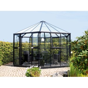 Čierny skleník Vitavia Hera 9000 so základom, 9 m², s posedením vnútri.