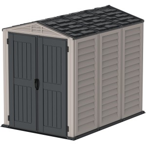 Duramax YardMate Plus plastový záhradný domček, sivý domček na náradie s dvojkrídlovými dverami a sedlovou strechou.