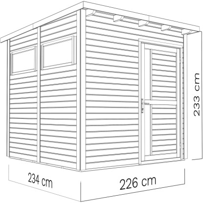 Ilustrácia dreveného záhradného domčeka Bertilo Pentus 2, prírodné prevedenie, s rozmermi. Ideálne ako kôlňa na náradie.