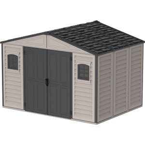 Duramax plastový záhradný domček WoodBridge Plus II, 7,6 m², antracit, s dvojkrídlovými dverami a oknami.
