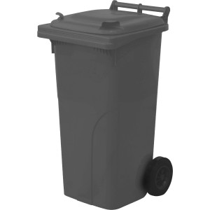 Sivá smetná nádoba s vekom a kolieskami na záhradný odpad.