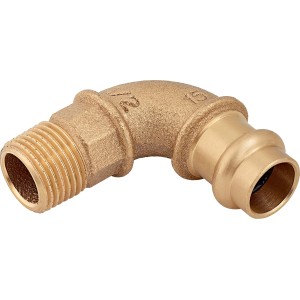 Lisované koleno 90 stupňov z červeného bronzu, 15 mm x 21 mm (R 1/2), pre inštalácie medených rúrok.