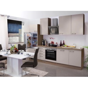 Kuchynská linka Flex-Well Exclusiv Orlando, 280 cm, kašmírový lesk/dub Sonoma, s elektrospotrebičmi.