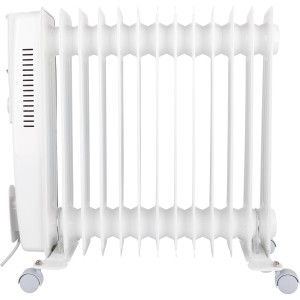 Biely olejový radiátor Aulum s 13 rebrami, 2500 W, s kolieskami pre ľahkú prepravu.