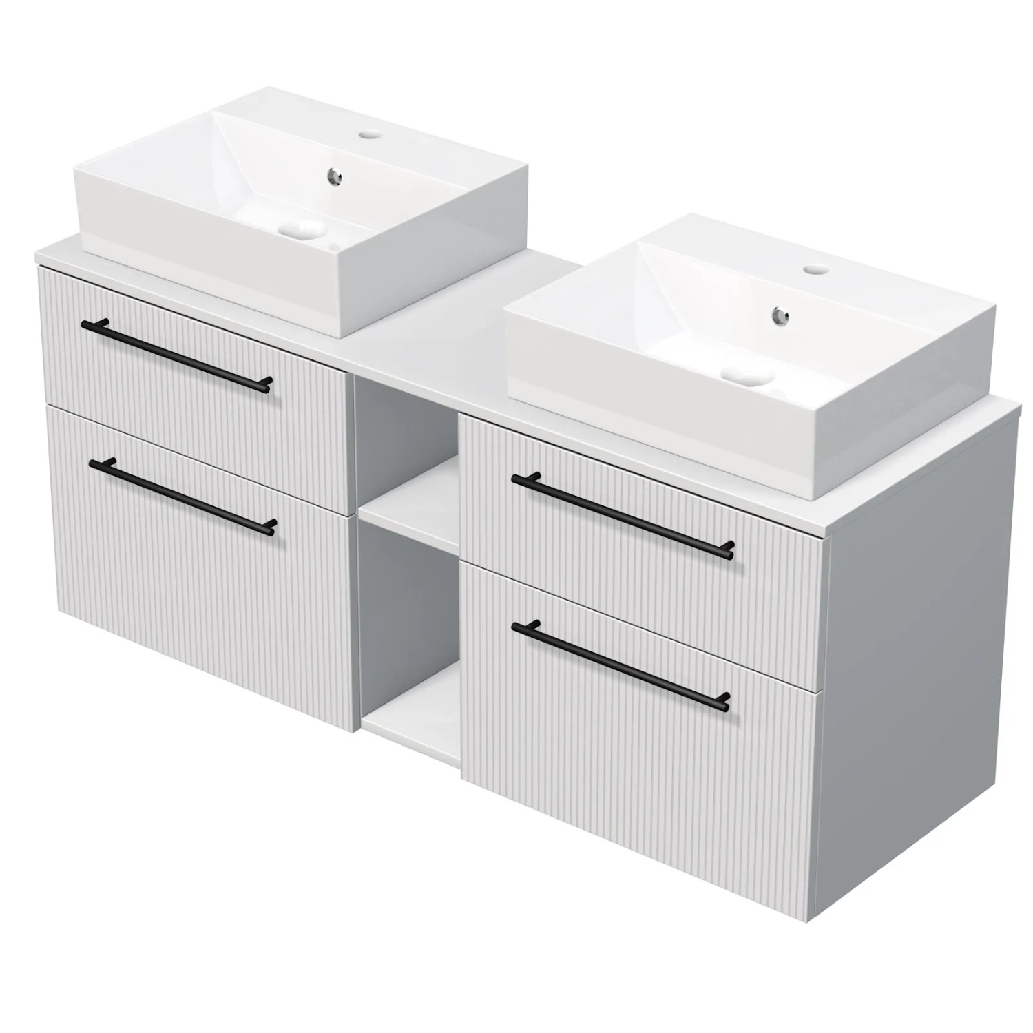 E-shop INTEDOOR Skriňa+2umývadlá BEE úchyt čierny, š.140cm, regál stred, biela 3D pruhy
