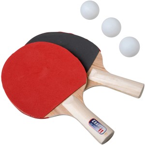 Sada na stolný tenis: 2 rakety (červená/čierna) a 3 biele loptičky pre hru a zábavu.