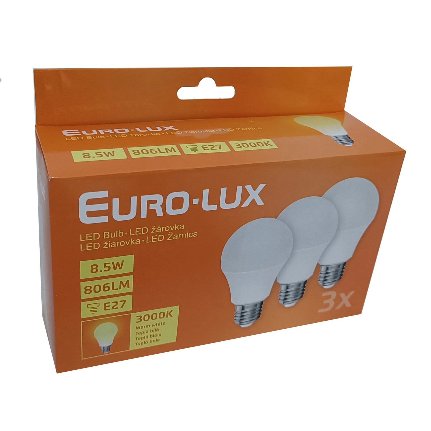 E-shop EURO-LUX LED žiarovka E27, 8,5 W, 806 lm, 3000 K, 3 ks