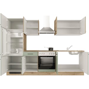 Kuchynská linka Flex-Well Cara 270 cm v odtieni trstinová zelená/dub artisan so spotrebičmi a drezom.