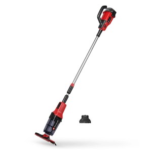 Červený akumulátorový bazénový vysávač Einhell GE-PV 18 42 Li s teleskopickou tyčou a sacou doskou.