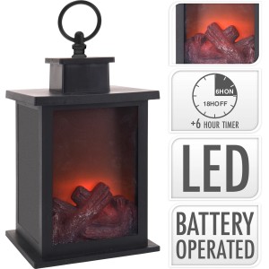 Čierna lampa v tvare krbu, 24 cm vysoká, s LED efektom ohňa pre útulnú atmosféru.
