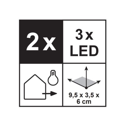 Piktogram: Sada 2 ks LED solárnych nástenných svietidiel, 3 LED, rozmery 9,5x3,5x6 cm, pre vonkajšiu montáž.
