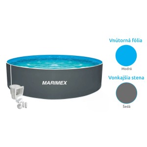 Okrúhly bazén s oceľovou stenou t.b.t. od Marimex, sivá vonkajšia stena, modrý vnútrajšok, príslušenstvo.