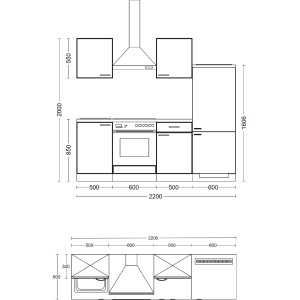 Nákres sivej kuchynskej linky Flex-Well Exclusiv Morena (220 cm) s dubovou pracovnou doskou a rozmermi.