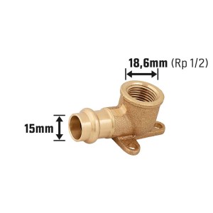 Lisovaná nástenná doska z červeného bronzu, 15 mm x 18,6 mm (Rp 1/2), pre medené rúrky a inštaláciu pitnej vody.