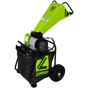 Drvič konárov Zipper ZI-HAEK2800-230 zeleno-čierny, s veľkým násypníkom, elektromotorom, zberným vakom, kolesami.