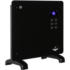 Čierny sklenený konvektor El Fuego 1000 W s LCD displejom a dotykovým panelom.