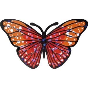Nástenná dekorácia: Kovový motýľ v červeno-oranžovej farbe, 26 cm, pre záhradu a obývaciu izbu.