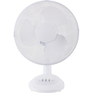 Biely stolný ventilátor CMI, Ø 30 cm, s ochrannou mriežkou a tromi lopatkami.