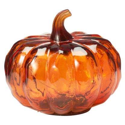 Oranžová sklenená tekvicová lampa s LED osvetlením. Dekoratívna figúrka na jeseň a Halloween, 15 cm.