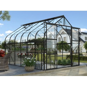 Čierny skleník Vitavia Diana 9900 ESG so sklom a rastlinami v záhrade.