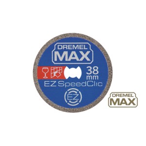 Modrý diamantový rezací kotúč Dremel Max EZ SpeedClic, 38mm, na presné rezanie tvrdých materiálov.