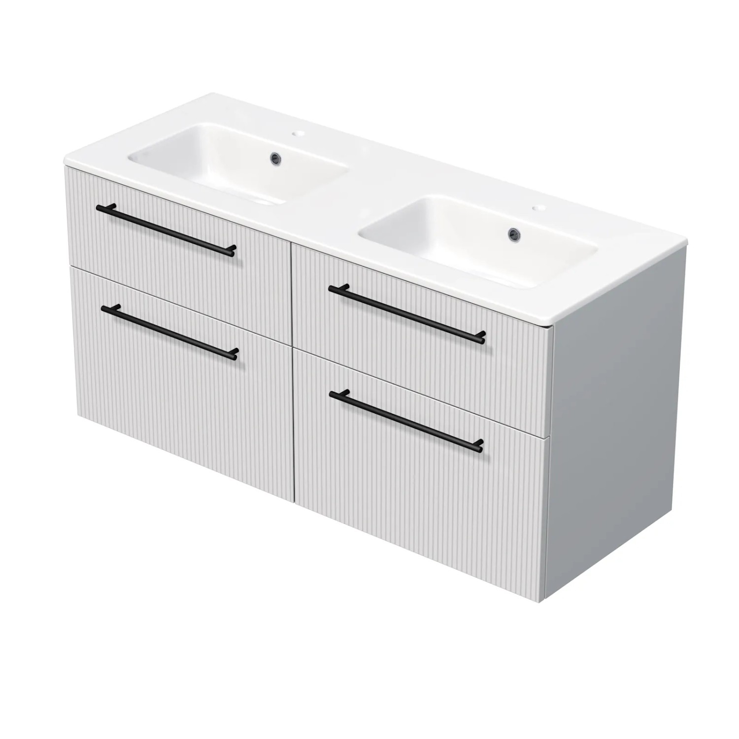 E-shop INTEDOOR Kúpeľ.skriňa+dvojumývadlo BEE úchyt čierny 4zás., š.121cm biela 3D pruh