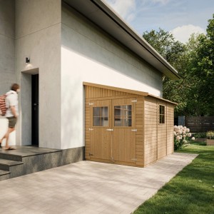 Drevený záhradný domček Timbela M339, 6 m², bez bočnej steny a podlahy. Drevený záhradný domček s dvojkrídlovými dverami.