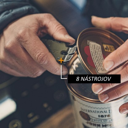 Gerber Prybrid Utility vreckový nástroj s 8 nástrojmi otvára plechovku.
