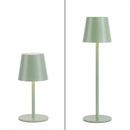 Zelená LED akumulátorová stolná lampa Just Light Euria, zobrazená v dvoch výškach.