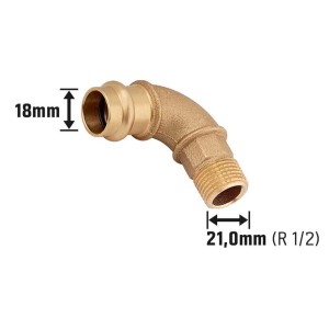 Lisované koleno 90 stupňov z červeného bronzu, 18 mm x 21 mm (R 1/2), pre inštalácie medených rúrok.