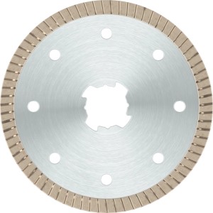 Diamantový rezný kotúč Bosch X-Lock na keramiku, Ø 115 mm. Strieborný kotúč so segmentovaným turbo okrajom pre uhlové brúsky.