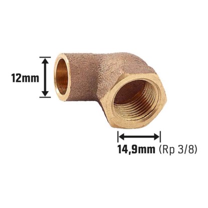 Mosadzný spájkovací uholník, 12 mm x 14,9 mm (Rp 3/8), pre inštalácie medených rúrok.