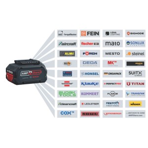 Čierny akumulátor Bosch Professional GBA 18V/5Ah s červenými akcentmi, obklopený logami kompatibilných značiek AMP Share.